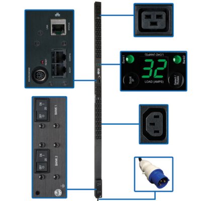 PDU surveillé monophasé 7,4 kW, prises 230V (36 C13 et 6 C19), IEC-309 32 A bleu, cordon 10 ft (3 m), vertical 0U PDU surveillé monophasé 7,4 kW, prises 230V (36 C13 et 6 C19), IEC-309 32 A bleu, cordon 10 ft (3 m), vertical 0U