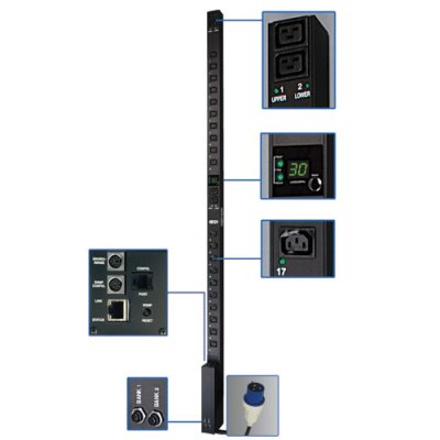PDU commuté monophasé 7,4 kW, prises 230V (20 C13, 4 C19), IEC309 32 A bleu, cordon 10 ft (3 m), vertical 0U, conforme TAA PDU commuté monophasé 7,4 kW, prises 230V (20 C13, 4 C19), IEC309 32 A bleu, cordon 10 ft (3 m), vertical 0U, conforme TAA
